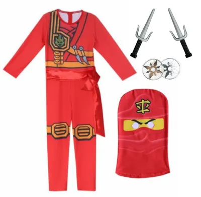 Ninja-Krieger Kostümset, Rot, Gr. 130, mit Maske & Zubehör