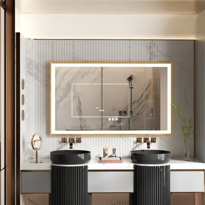 Immagine prodotto di WISFOR Specchio da bagno a LED con cornice in alluminio dorato 100 x 60 cm, specchio da parete con interruttore a sfioramento, antiappannamento dimmerabile per bagno camera da letto make-up