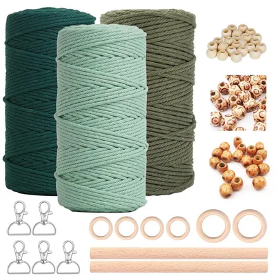 Obrázok produktu pre Sada priadze na makramé, 3 mm x 60 metrov, 3 kusy s príslušenstvom, zelená