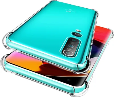 A close-up, angled view of a transparent phone case with reinforced corners, placed over a smartphone.
