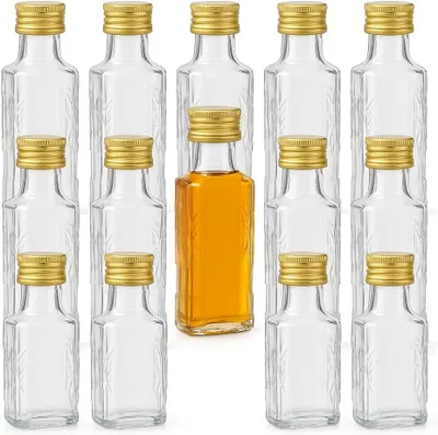 Produktbild von 12er Set Glasflaschen 100 ml eckig mit Schraubverschluss – für Likör, Öl, Essig, Schnaps, Gastgeschenk, Hochzeit, DIY