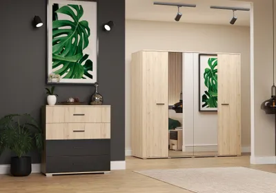 Produktbild von 2-er Set Drehtürenschrank BARI 200cm Kommode BARI 90cm 4S San Remo Sand/Schwarz