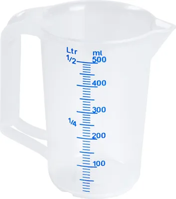 Produktbild von Hünersdorff Messkanne 500ml Polypropylen Durchmesser 90 x Höhe 135mm blaue Skala 10:10 transparent - 935000