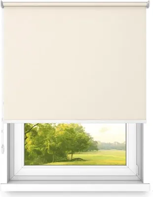 A roller blind is shown partially covering a window with a view of trees and a field.