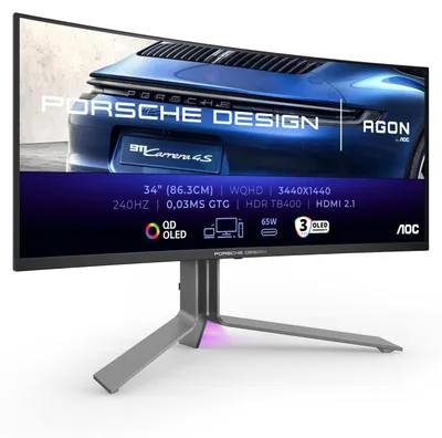Obrázek produktu pro AOC AGON PRO PD34 Porsche Design - Porsche Design - OLED monitor - herní - zakřivený - USB - 86,36 cm (34") - 3440 x 1440 WQHD @ 240 Hz - 1000 cd/m² - 15000000:1 - DisplayHDR 400 True Black - 0,03 ms - 2xHDMI, 2xDisplayPort, USB-C - reproduktory - Sch