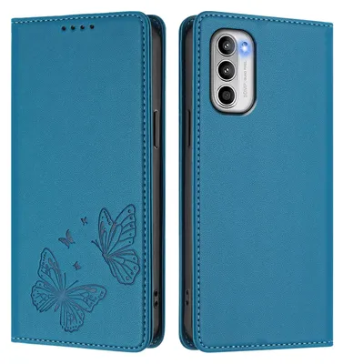 Image de Étui en cuir pour Motorola Moto G 5G 2022, motif papillon, étui à rabat avec porte-carte, bleu
