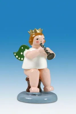 Produktbild von Holzfigur Engel sitzend mit Flöte und Krone Höhe 6cm NEU