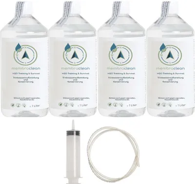Produktbild von 4x 1 Liter membraclean H2O Trekking & Survival zur Trinkwasseraufbereitung inkl. Befüllset