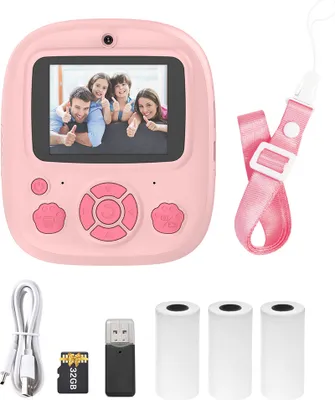 Obrázek produktu pro Dětský fotoaparát, termální instantní tiskárna, digitální fotoaparát s 2,4palcovým displejem, podporuje nahrávání s časovačem, nahrávání videa v rozlišení 1080P/720P, termální tisk bez inkoustu se 3 rolemi bílého tiskového papíru + 32G paměťová karta + čtečka karet, vzdělávací hračka pro malé děti, dárek k narozeninám pro dívky, chlapce, na dovolenou, na cesty