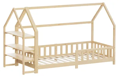 Produktbild von ML-Design Kinderbett 90x200cm mit Rausfallschutz, Regal, Dach & Lattenrost Natur Montessori Bodenbett aus massivem Kiefernholz Hausbett Bettenhaus