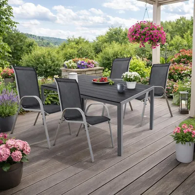 5tlg Gartenmöbel Set Alu silber Non-Wood 180x90cm + 4 Stapelstühlen