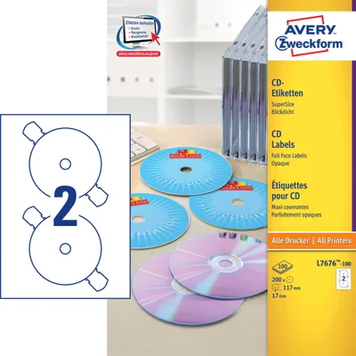 Produktbild von Avery Zweckform L7676-100 CD-Etiketten, Ø 117 mm, 100 Blatt/200 Etiketten, weiß