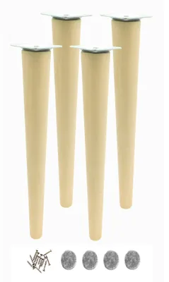 Four wooden furniture legs with metal mounting plates and a set of screws and felt pads.