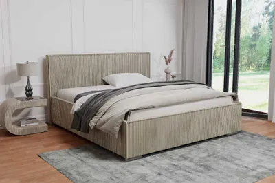 Zdjęcie produktu dla Łóżko tapicerowane AGMAT LUIS z wezgłowiem, 160 x 200 cm, łóżko podwójne z podstawą łóżka i stelażem z listew metalowych, tkanina sztruksowa: beżowy