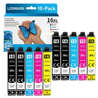 Immagine prodotto di Cartucce compatibili LOSMANN 16XL per stampanti Epson 16 XL, adatte ai modelli Workforce WF-2760, WF-2630, WF-2510, WF-2660, WF-2750, WF-2650, WF-2540, WF-2530, WF-2520, WF-2010 (nero, ciano, magenta, giallo, confezione da 10)
