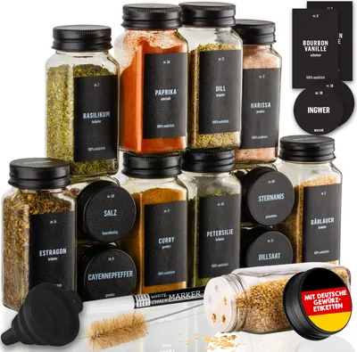 Obrázok produktu pre súprava 12 vzduchotesných nádobiek na korenie 120 ml s čiernym hliníkovým skrutkovacím viečkom, roztieračom, lievikom, štetcom, štítkami a kriedovým perom - DECO HAUS