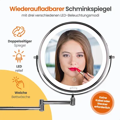 Produktbild von Goliving Make-up-Spiegel mit Beleuchtung - Ø25 cm - 10-fache Vergrößerung - Dimmbarer LED-Rasierspiegel - USB-C wiederaufladbar - Doppelseitig - 27x27cm - Chrom