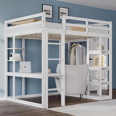 Produktbild von Hochbett, 140 x 200 cm, aus Holz, Kinderbett mit Schreibtisch, Leiter und Regalen, Weiß (ohne Matratze)