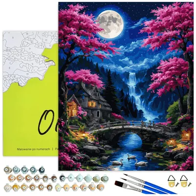 Produktbild von Malen nach Zahlen Erwachsene Kirschblüten bei Vollmond mit Rahmen 40x50 cm