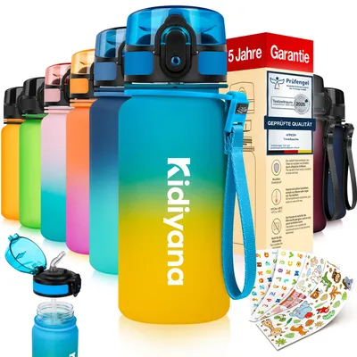Produktbild von 4FRESH Kinder Trinkflasche 350 ml aus Tritan – BPA-frei, auslaufsicher mit Trinkhalm, 1-Klick-Öffnung, Trageschlaufe und Stickern
