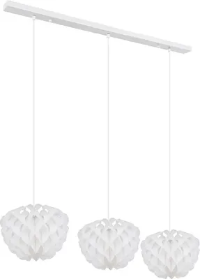A white three-light pendant lamp with honeycomb-shaped shades, suspended from a white bar.