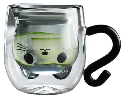 Obrázok produktu pre Termohrnček z dvojitej steny, sklenený, objem 300 ml, tvar mačky s rúčkou, určený na teplé nápoje