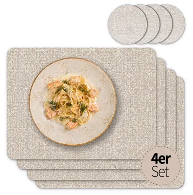 Productafbeelding van Tafelsets met glazen onderzetters, set van 4, beige, linnenlook