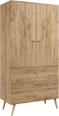 Produktbild von BETTSO IKON Kleiderschrank Zweitüriger mit Schubladen String Griffe 100 cm Eiche Gold