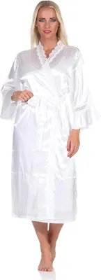 Produktbild von Damen Kimono Morgenmantel Nachtmantel Satinrobe mit Spitze; Ecru/XXL/44