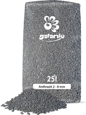 A bag of Galamio Lavamulch Anthrazit with a pile of the product in front.