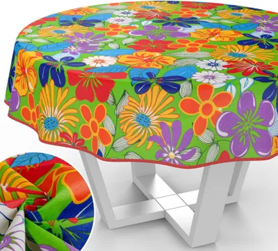 Produktbild von Tischdecke Blumen mit Blumen Botanik aus Stoff Tischwäsche mit Beschichtung Tischtuch Popart Bunt Rund 120cm mit Paspelband