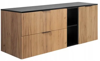 Zdjęcie produktu dla Rodan Szafka pod Umywalkę 120cm - Ryflowana Dąb - Czarny Blat i Regał - FLOW