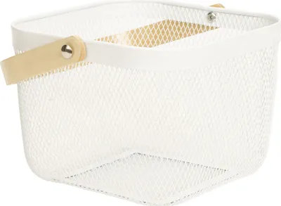 Produktbild von Aufbewahrungskorb mit Henkel für Kleidung Deko oder Accessoires weiß aus Stahl und Holz 24x24x17,5 cm