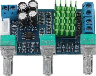Image de Carte amplificatrice numérique à double canal, modèle XH-M567, compatible avec une alimentation DC de 12-24V, puissance de 80W par canal, utilisant la technologie TPA3116D2, avec réglage des basses et des aigus, et des préréglages
