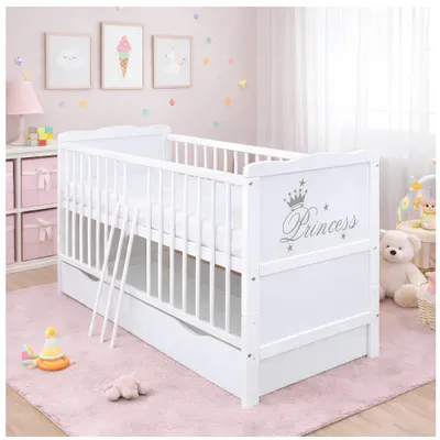 Produktbild von Baby-Delux Babybett Kinderbett 2in1 Princess Motiv 120x60 Weiß mit Schublade, Beißschienen zum Schutz