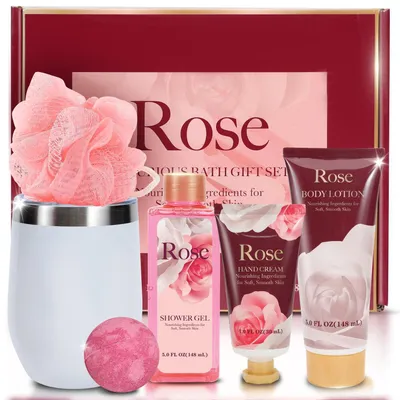 Produktbild von Wellness Geschenkset für Frauen 6-teilig mit Rosen Duft Duschgel Körperlotion Handcreme Schaumbad Badekugel