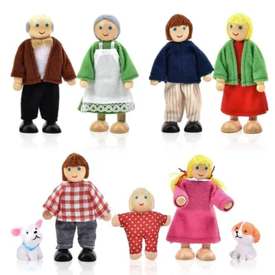 Produktbild von Puppenhaus Puppenfamilie Puppenhaus-Figuren - 7-teilig - Bewegliche Arme und Beine - Holz und Stoff