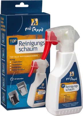 A box and a spray bottle of cleaning foam for coffee machines.