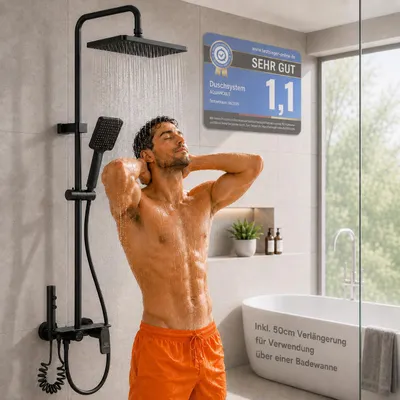 Produktbild von AQUANOBLE Duschsystem aus Messing mit Thermostat, 4 Funktionen & großer Regendusche, schwarz