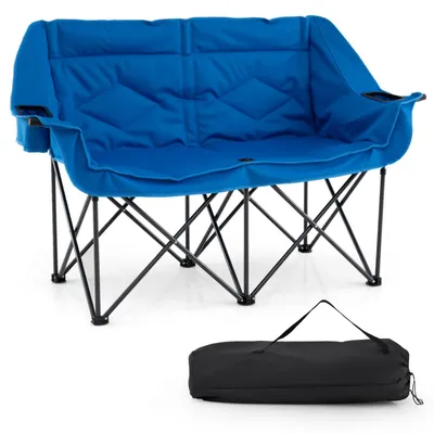 Immagine prodotto di Sedia da campeggio pieghevole COSTWAY per 2 persone, divano da campeggio XXL fino a 300 kg con portabevande, portabicchieri e tasche a rete, sedia pieghevole imbottita blu