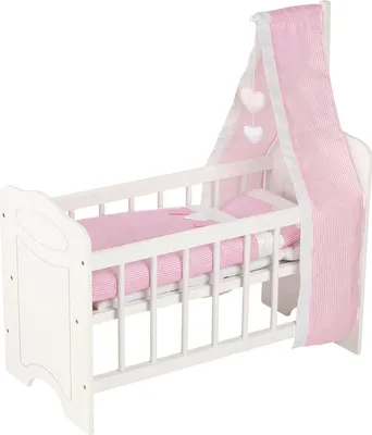 Produktbild von goki 51762 Puppenbett mit Himmel und Bettzeug 63,4 x 31,5 x 67 cm, Holz, weiß/rosa