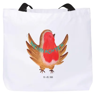 Produktbild von Mr. & Mrs. Panda Tote Bag Rotkehlchen Weihnachten - Weiß - Geschenk, Strandtasche, Reisetasche, Heiligabend, Weihnachtsgruß, Büchertasche, Tasche, Weihnachtsmotiv, Frohe