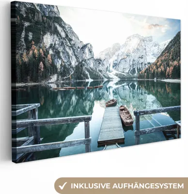 Produktbild von MuchoWow® - Leinwandbilder - Natur - Berge - Schnee - Wald - Boot, Wandbild, Wanddeko Bilder Wohnzimmer, 30x20 cm