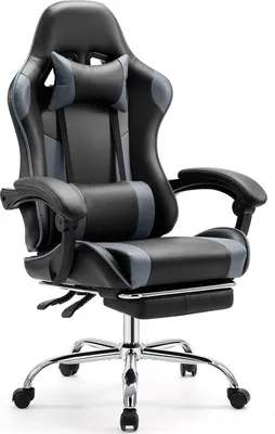 Produktbild von Sweiko Gaming Stuhl ,Schreibtischstuhl mit Fußstütze und bequemer Lendenwirbelstütze,Ergonomisch,Liegestuhl mit Kopfstütze,Kunstleder,Grau,Schwarz