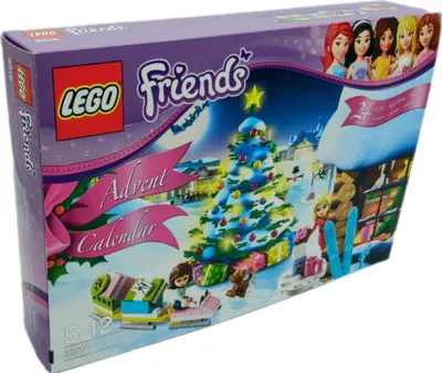 A LEGO Friends Advent Calendar box with a winter scene, Christmas tree, and characters.