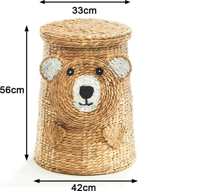 A woven storage basket shaped like a bear's head with dimensions indicated.
