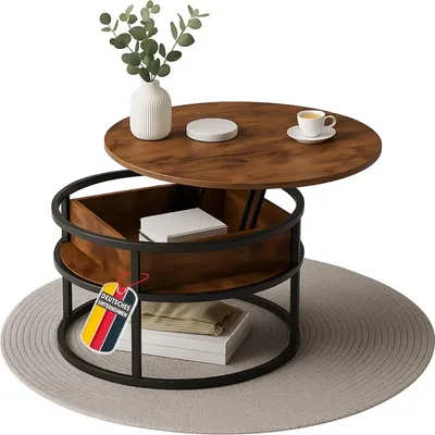 A round coffee table with a lift-top and storage, placed on a rug.