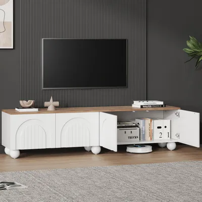 Produktbild von TV-Schrank 180 cm, modernes Lowboard mit 4 Türen, TV-Board für Fernseher bis 80 Zoll, TV-Kommode in Weiß & Eiche, Push-to-Open