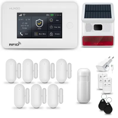 Produktbild von HUXGO HXA006 Alarmanlage Haus GSM 4G + WLAN mit Funk Sirene, Alarm System mit 1x Bewegungssensor und 7x Tür- Fenstersensor, Tuya Smartlife App