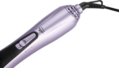 Close-up of a purple and black hair styling tool.